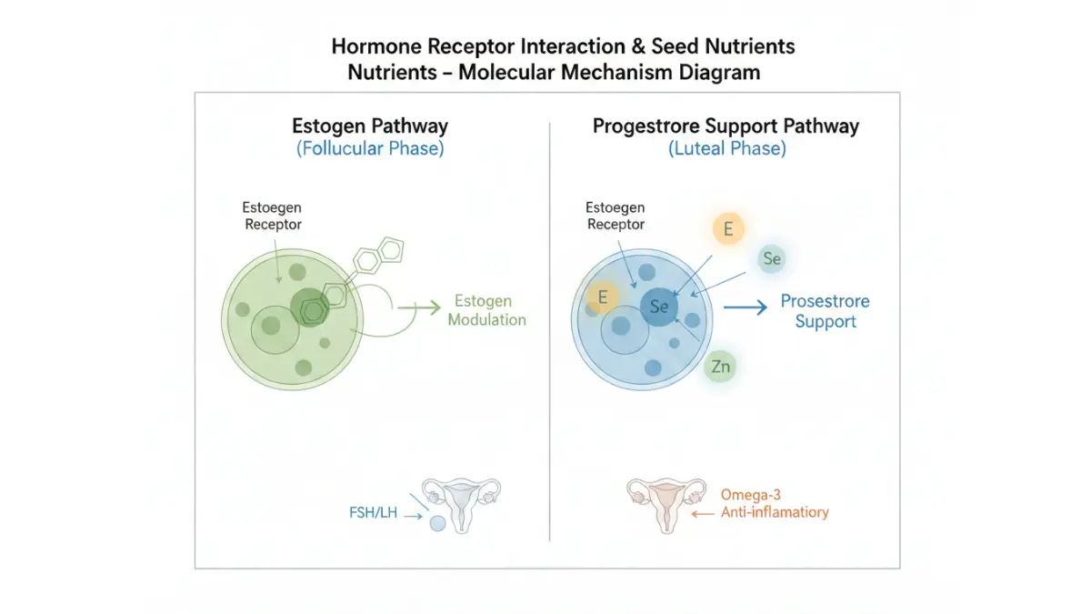 Seed Cycling diagram showing how seed nutrients interact with estrogen and progesterone receptors for hormone balance