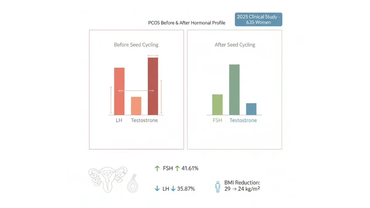 Seed Cycling clinical data visualization showing hormone level improvements in PCOS patients after intervention