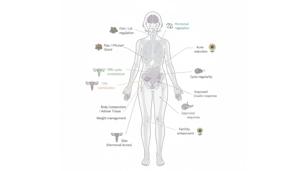 Seed Cycling anatomical diagram showing improvement in hormones, metabolism, fertility, skin, and weight in PCOS
