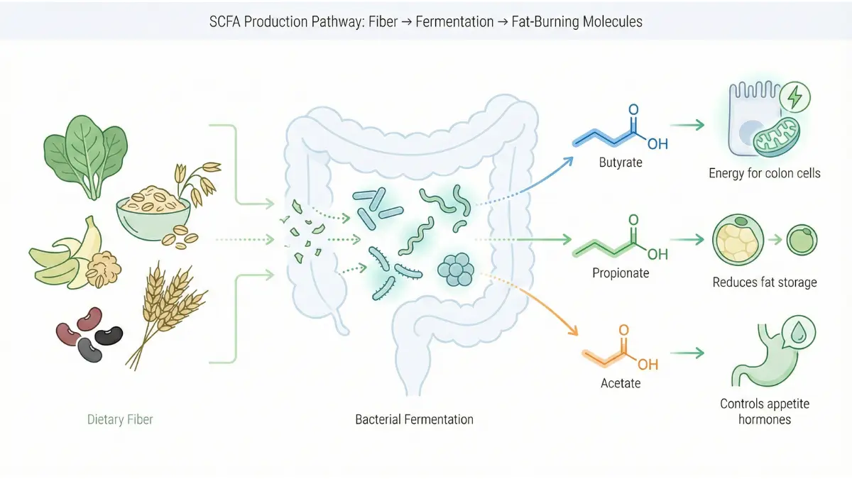 Medical diagram showing how gut bacteria ferment dietary fiber to produce short chain fatty acids butyrate propionate acetate for weight loss and metabolism control