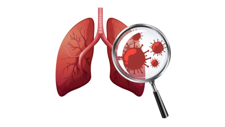 Small cell lung cancer anatomy illustration showing lung tumor cells under magnification