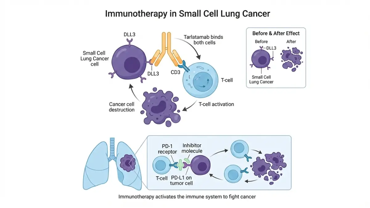 Small cell lung cancer immunotherapy mechanism showing T-cell targeting cancer cells