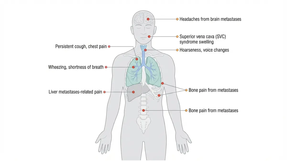 Small cell lung cancer symptoms shown on full body medical anatomy diagram