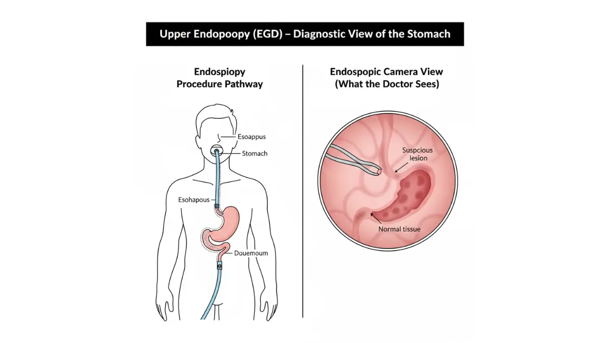 Stomach Cancer Symptoms diagnosis using upper endoscopy showing stomach lining and tumor biopsy