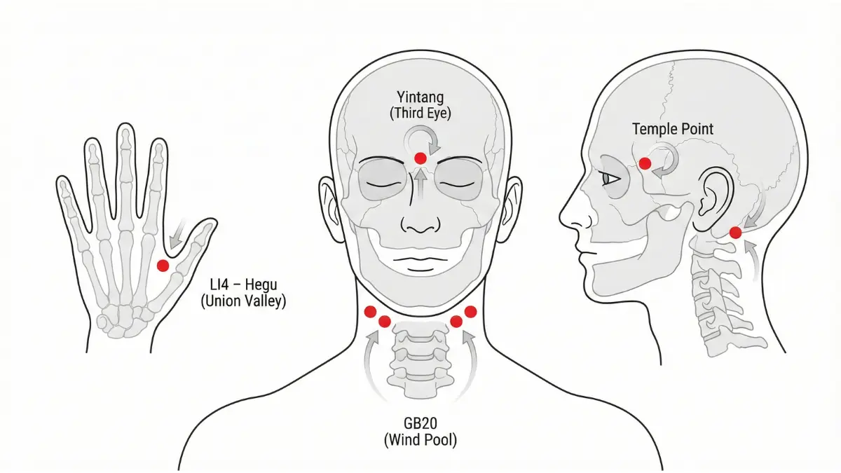Stop migraine naturally using acupressure points LI4 GB20 and Yintang shown on anatomical head diagram