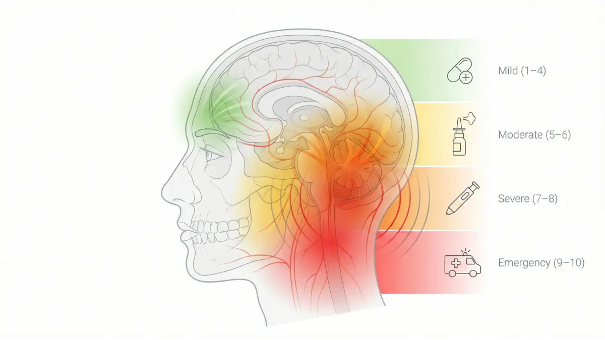 Stop migraine pain scale visual guide showing severity levels from mild to emergency with treatment protocols