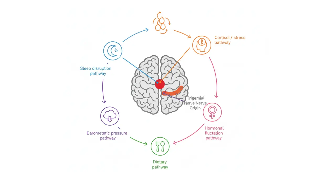 Stop migraine before it starts - brain diagram showing how sleep stress diet and weather triggers activate pain pathways