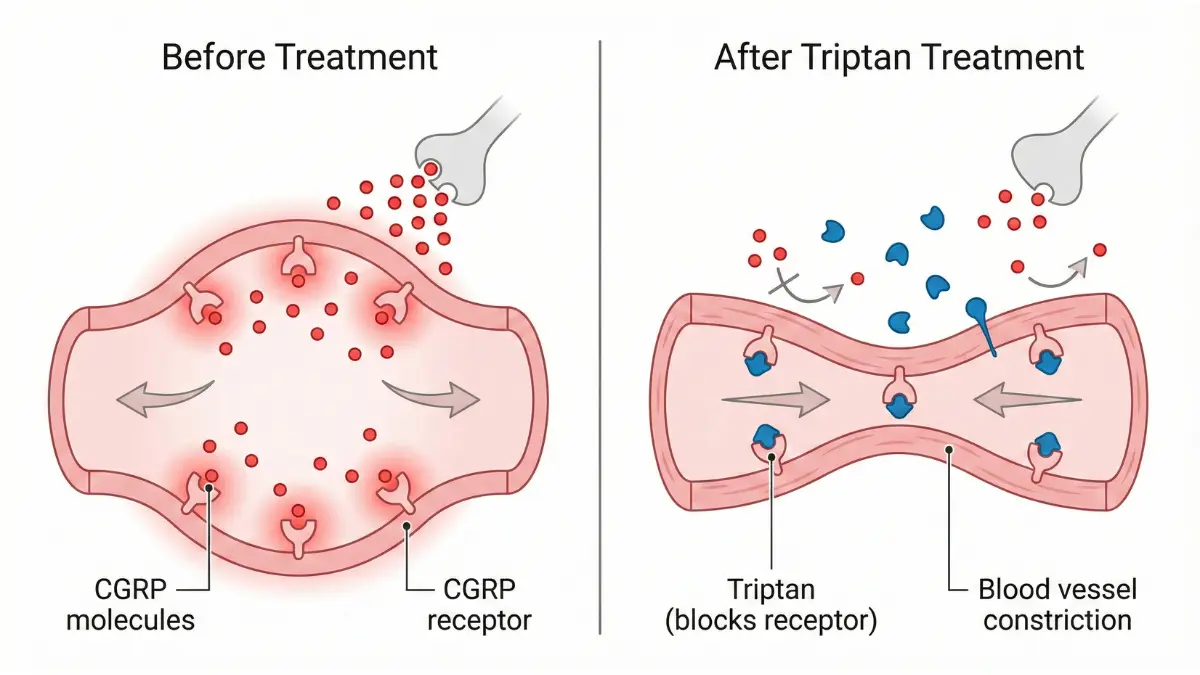 Stop migraine medication mechanism showing how triptans block CGRP receptors to relieve headache pain fast