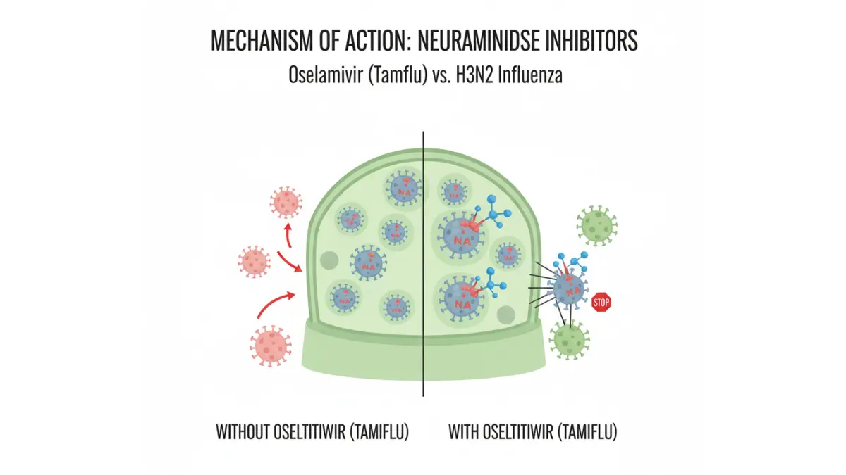 H3N2 Flu Vaccine, Tamiflu pharmacology diagram showing oseltamivir blocking neuraminidase to prevent virus spread