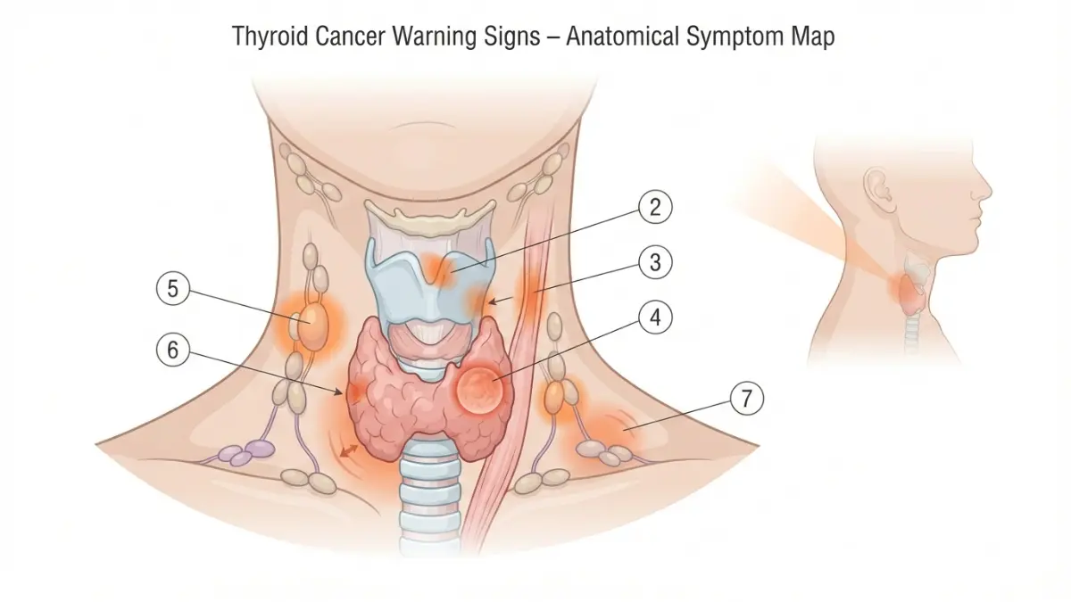Thyroid Cancer warning signs shown on neck anatomy diagram