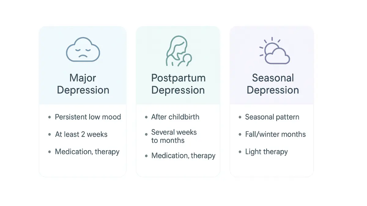Medical vector chart comparing major depressive disorder postpartum seasonal depression types