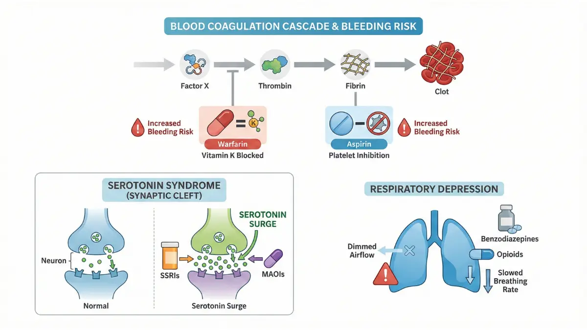 Vector diagram of blood clotting and brain pathways affected by warfarin, aspirin, and serotonin syndrome drug interactions