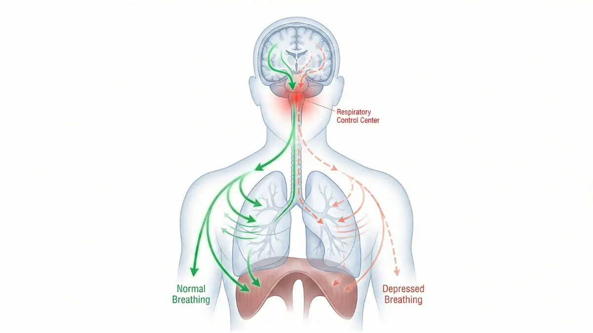 Anatomy diagram showing how Xanax depresses central nervous system respiratory control and reduces breathing rate