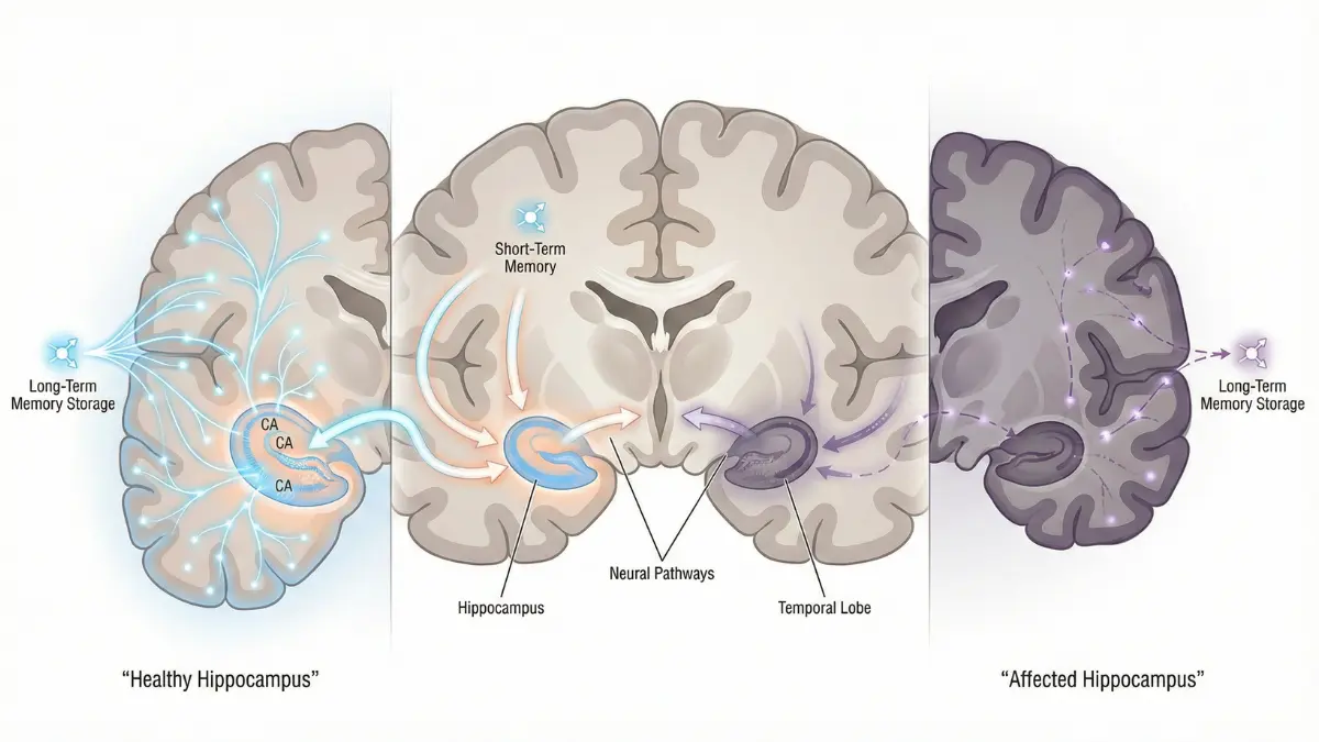 Hippocampus anatomy diagram showing healthy versus Xanax-affected hippocampus with memory formation pathway