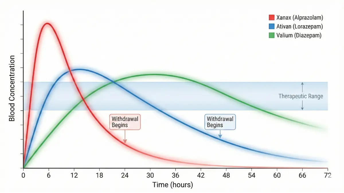 Pharmacokinetic graph comparing Xanax, Ativan, and Valium blood concentration curves with half-life differences and withdrawal timing