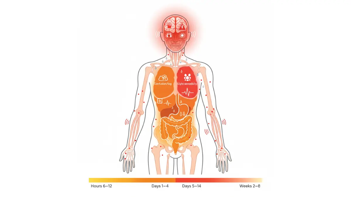 Full body diagram showing Xanax withdrawal symptoms by body system with timeline from 6 hours to 8 weeks