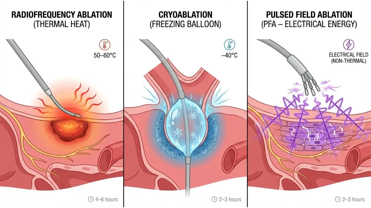 AFib Ablation medical comparison diagram of radiofrequency, cryoablation, and pulsed field ablation technologies