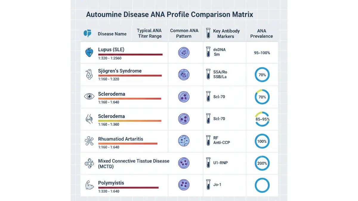 ANA Test autoimmune disease comparison matrix showing typical titer ranges, staining patterns, key antibody markers, and prevalence percentages
