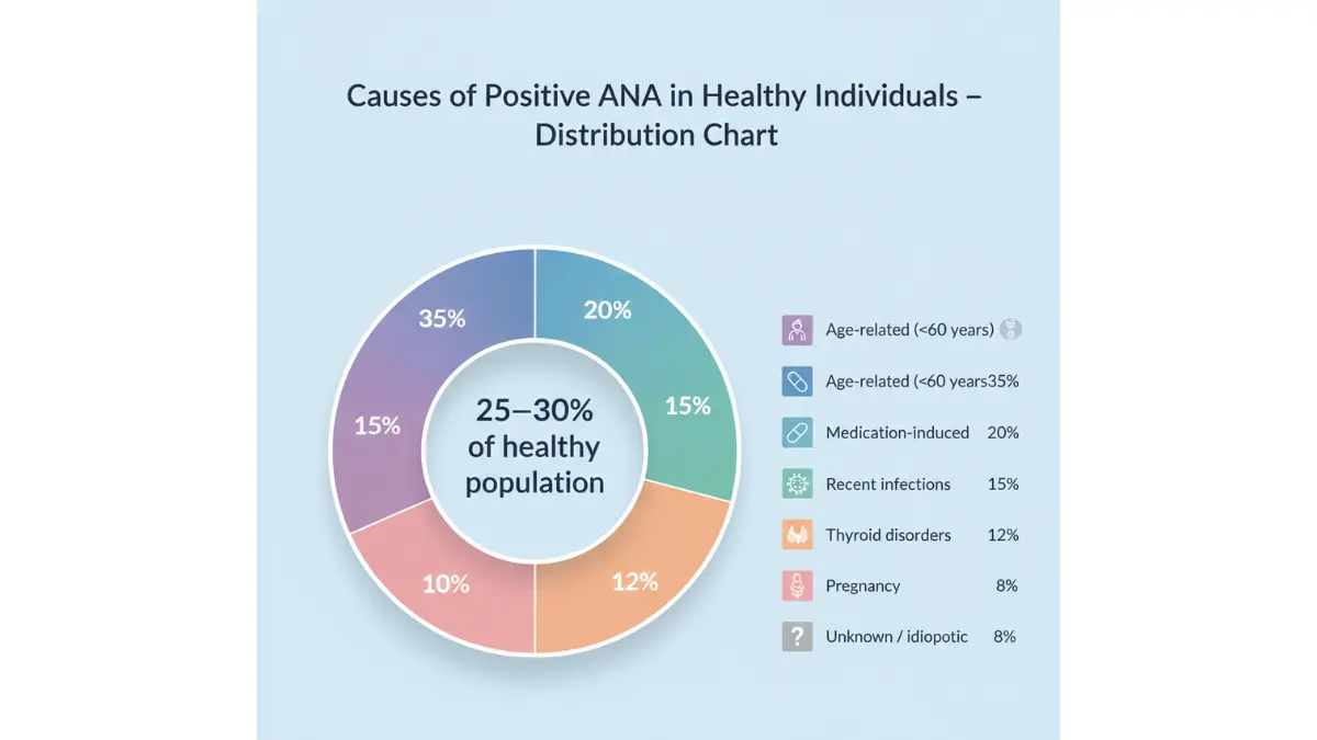 ANA Test positive causes distribution chart showing age, medications, infections, thyroid disorders, pregnancy, and idiopathic factors in healthy individuals