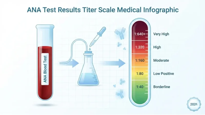 ANA Test results titer scale chart showing dilution levels from 1:40 to 1:640+ with color-coded interpretation zones from borderline to very high