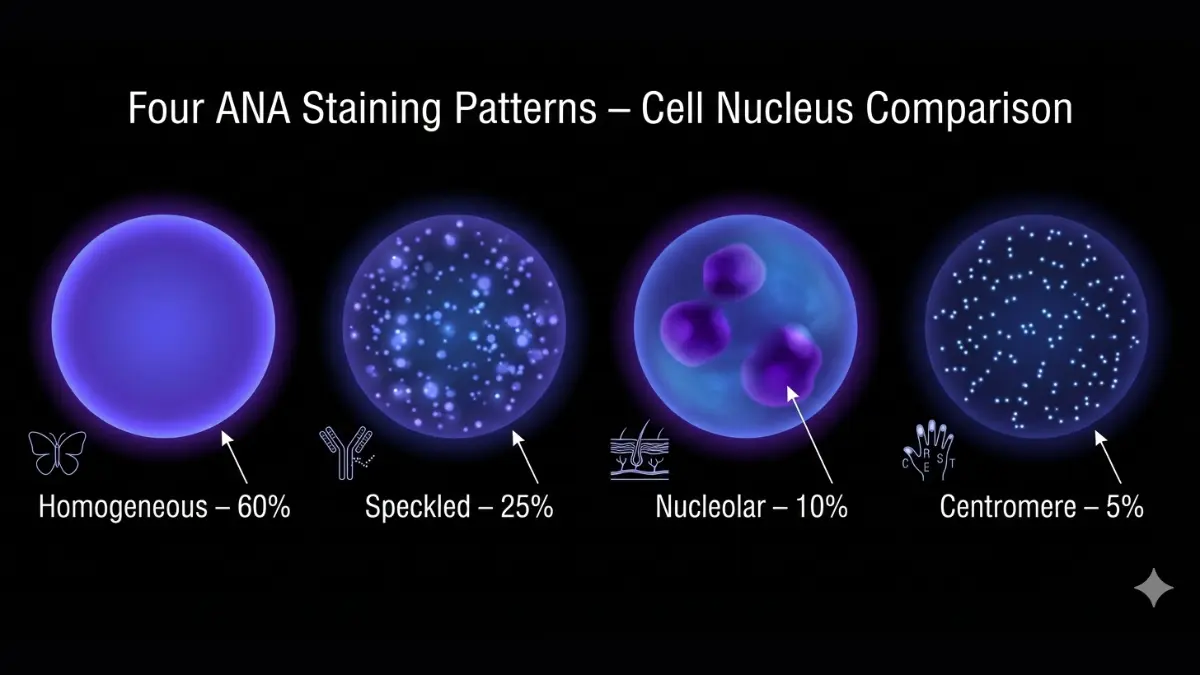 ANA Test staining pattern comparison diagram showing homogeneous, speckled, nucleolar, and centromere patterns under immunofluorescence microscopy