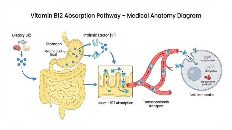 B12 Results explained with a medical anatomy diagram showing vitamin B12 absorption from stomach to ileum, bloodstream transport, and cellular uptake