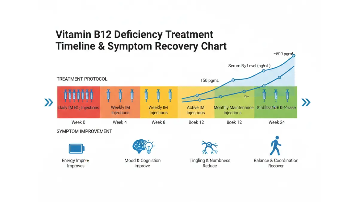 B12 Results recovery timeline showing vitamin B12 treatment, rising levels, and symptom improvement over 6 months