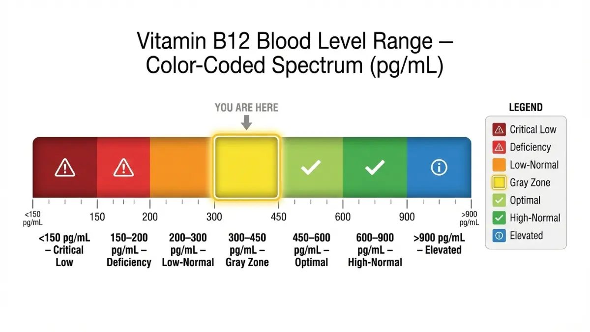 B12 Results range spectrum showing color-coded vitamin B12 levels from deficiency to optimal and elevated values