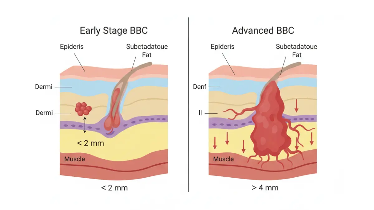 Medical diagram comparing early stage versus advanced Basal Cell Cancer tumor depth showing invasion from epidermis into dermis and subcutaneous tissue