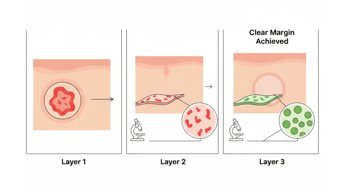 Medical illustration demonstrating Mohs micrographic surgery for Basal Cell Cancer with layer-by-layer tumor removal and microscopic margin examination