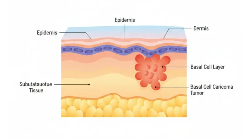 Medical anatomy diagram showing Basal Cell Cancer tumor location in skin layers with labeled epidermis, dermis, subcutaneous tissue, and basal cell layer cross-section