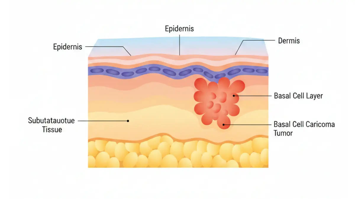 Medical anatomy diagram showing Basal Cell Cancer tumor location in skin layers with labeled epidermis, dermis, subcutaneous tissue, and basal cell layer cross-section