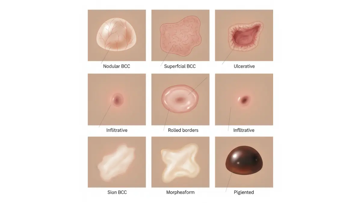 Medical illustration showing six visual presentations of Basal Cell Cancer including nodular, superficial, ulcerative, pigmented, infiltrative, and morpheaform types with dermatological accuracy
