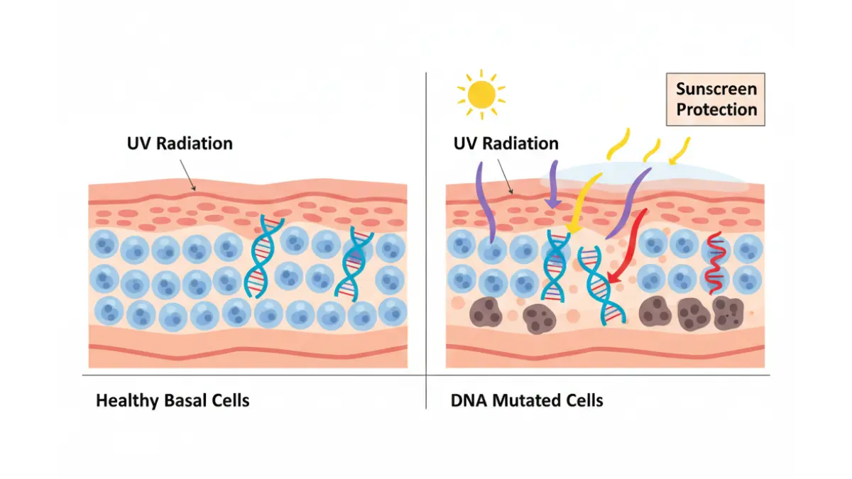 Medical diagram showing how UV radiation damages DNA in basal skin cells leading to mutations and Basal Cell Cancer development, with sunscreen protection illustrated