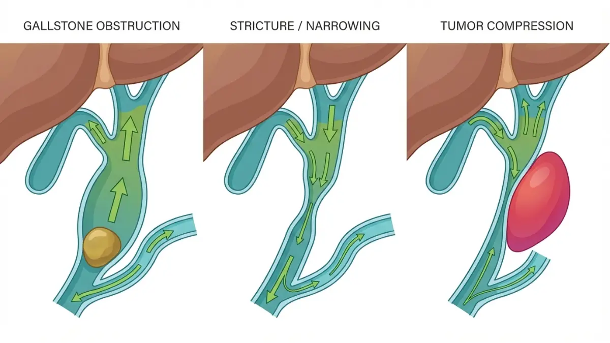 Bile duct obstruction diagram with gallstone, stricture and tumor compression scenarios for EMG Results article