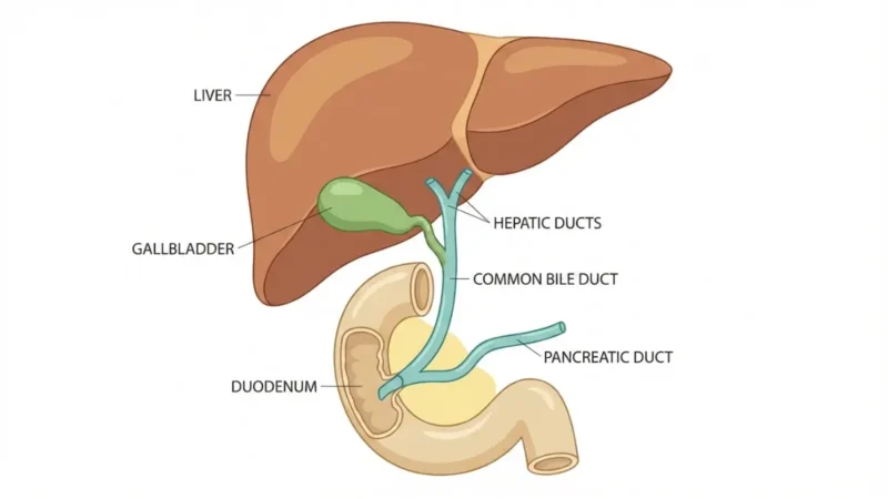 Biliary system anatomy diagram showing liver, gallbladder, ducts and duodenum for EMG Results explanation