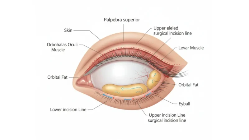 Blepharoplasty eyelid anatomy diagram showing upper and lower eyelid layers, muscles, fat compartments, and surgical incision lines