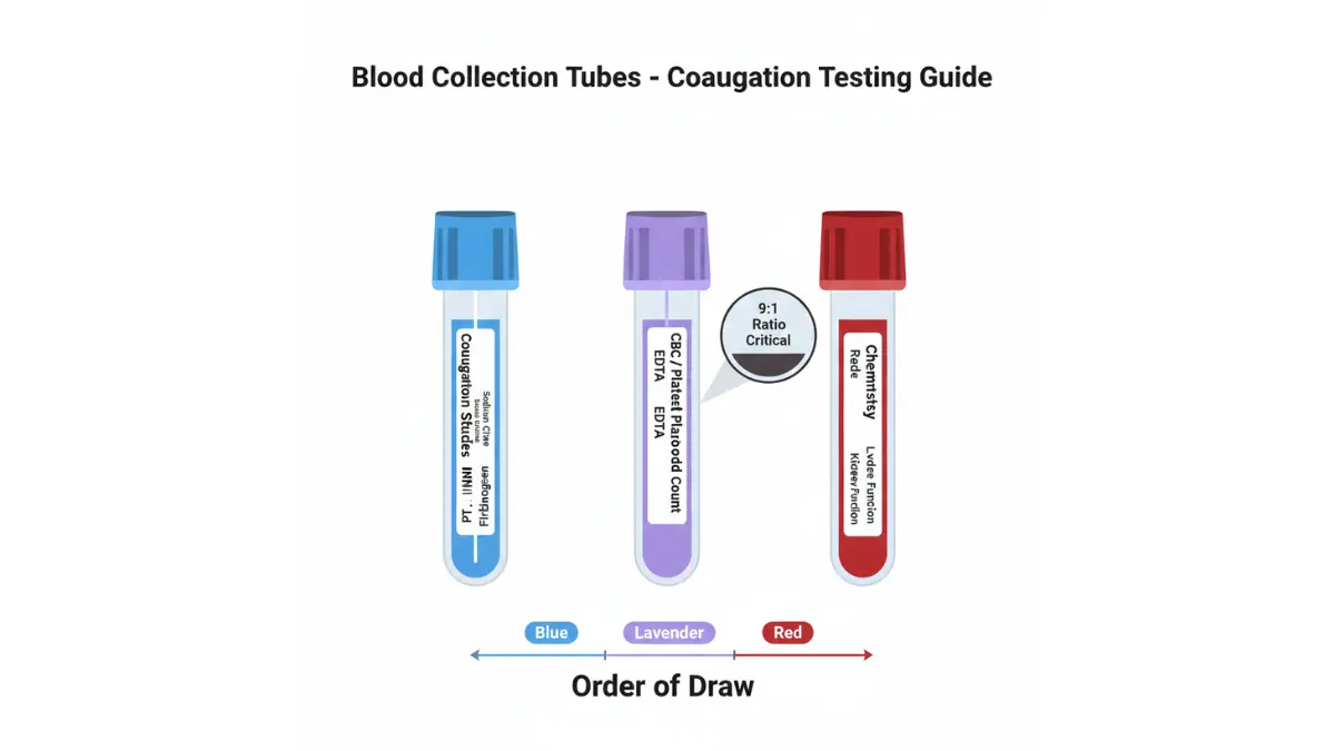 Coagulation Test Results accuracy guide showing blood collection tubes for PT, INR, aPTT testing including blue citrate tube and correct order of draw