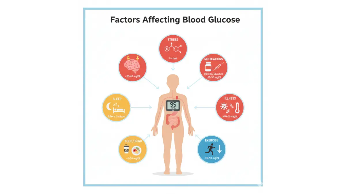 Blood sugar factors infographic showing how stress raises glucose 20-40 mg/dL, medications 30-50 mg/dL, illness 40-60 mg/dL, and exercise lowers levels