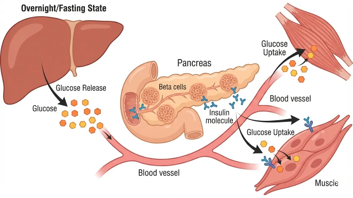 Blood sugar regulation anatomy showing pancreas producing insulin, liver releasing glucose, and muscle cells absorbing glucose in normal metabolism