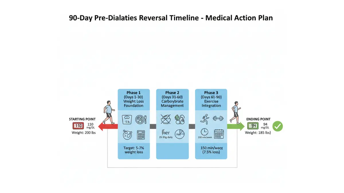 Blood sugar pre-diabetes reversal timeline showing 90-day action plan reducing glucose from 110 mg/dL to normal 94 mg/dL through weight loss, diet, and exercise