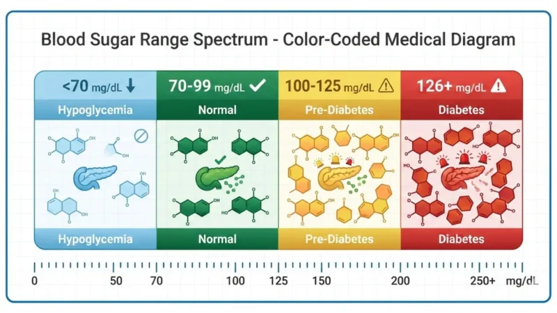 Blood sugar range spectrum medical diagram showing normal 70-99 mg/dL in green, pre-diabetes 100-125 mg/dL in yellow, and diabetes 126+ mg/dL in red zones