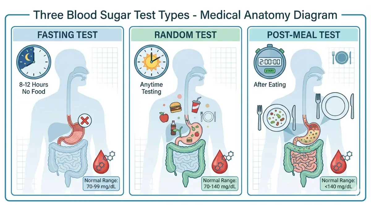 Blood sugar testing types comparison diagram showing fasting test 8-12 hours, random test anytime, and 2-hour post-meal test with normal glucose ranges