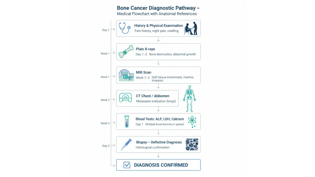 Bone cancer pain diagnostic pathway showing step-by-step medical evaluation and testing process