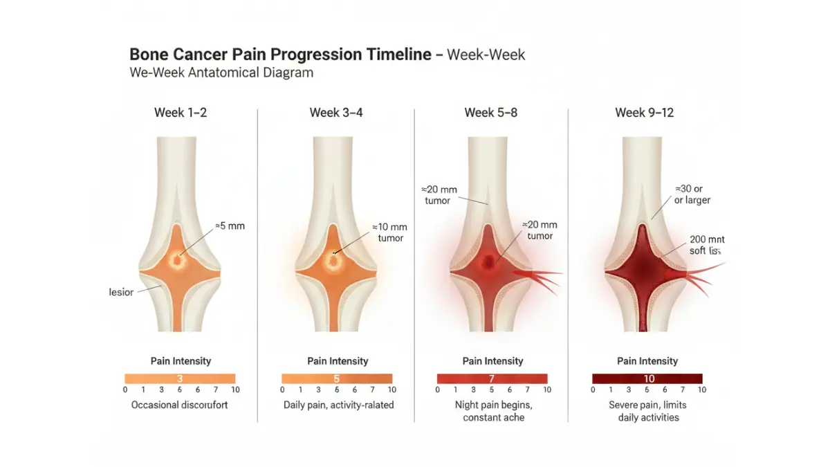 Bone cancer pain progression timeline showing tumor growth and increasing pain over 12 weeks