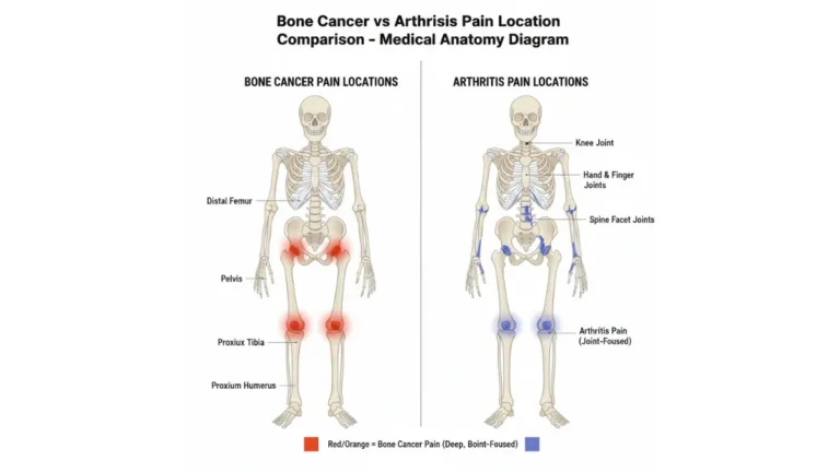 Bone cancer pain vs arthritis pain locations shown in a medical anatomy skeleton comparison diagram