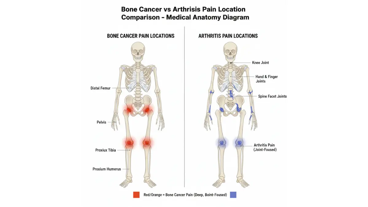 Bone cancer pain vs arthritis pain locations shown in a medical anatomy skeleton comparison diagram
