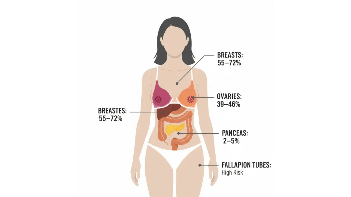 BRCA results anatomy diagram showing breast ovarian pancreatic and fallopian tube cancer risk locations