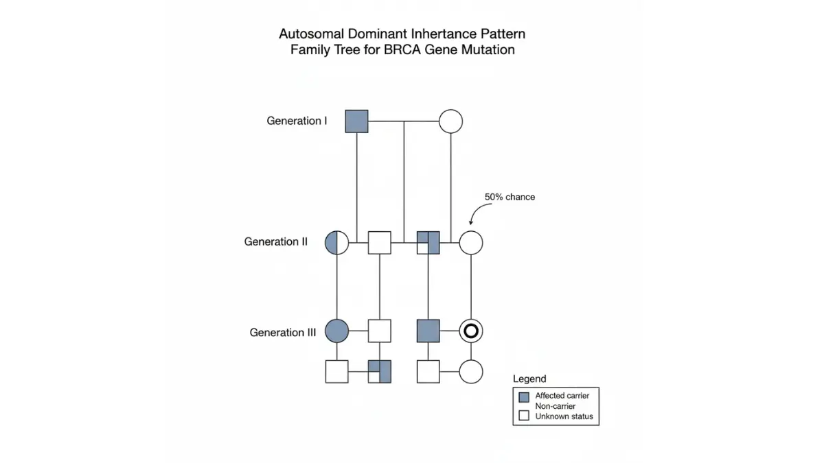 BRCA results inheritance family tree diagram showing autosomal dominant 50 percent genetic transmission