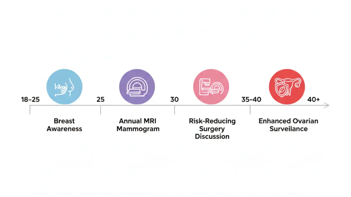BRCA results screening timeline showing recommended cancer surveillance by age from 18 to 70